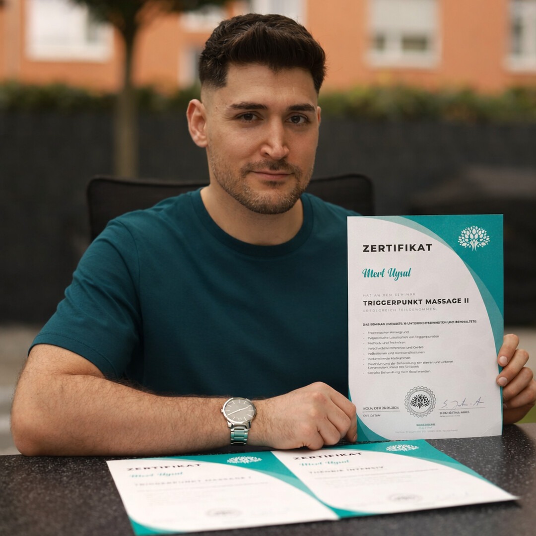 Mert Uysal mit Zertifikat für Triggerpunktmassage